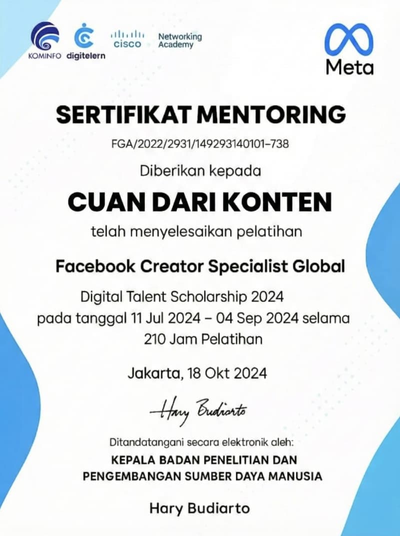 Sertifikat Facebook Creator Specialist - Meta & Kominfo
